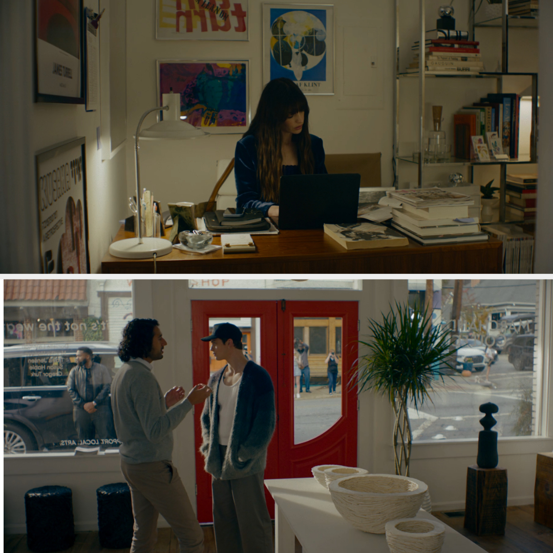 Two TV show scenes: top image shows a person at a desk with a laptop, bottom image depicts two people talking outside a shop