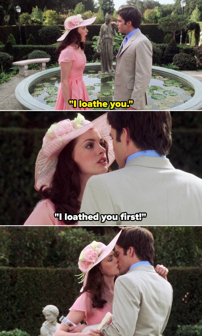 Three stills from a TV show featuring characters in vintage-style outfits near a garden fountain, embracing and kissing