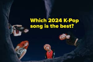 Four individuals lying in a circle with their heads near each other, against a night sky background, with a question about the best 2024 K-Pop song