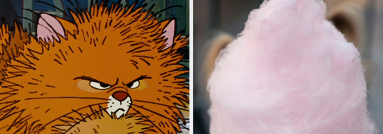 On the left, Oliver from Oliver and Company with puffy fur, and on the right, someone holding cotton candy