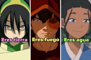 Personajes de Avatar: Toph, Zuko y Katara con frases que representan elementos tierra, fuego y agua