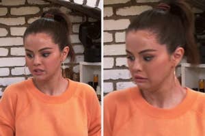 Two expressions of Selena Gomez in an orange top from a TV scene