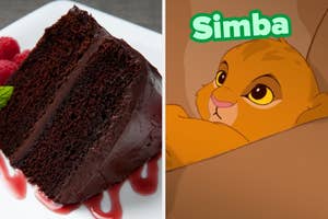 On the left, a slice of chocolate cake, and on the right, baby Simba from The Lion King