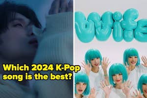 Split image: Left shows a male K-Pop star, right shows a group in wigs with 'wife' balloons. Text asks for best 2024 K-Pop song
