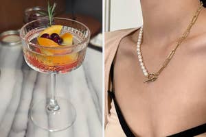 Split image: On left, a cocktail in a glass; on right, person with chain and pearl necklace