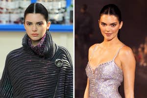 Two photos of Kendall Jenner; left in a high-neck metallic outfit, right in a sequined dress on the runway