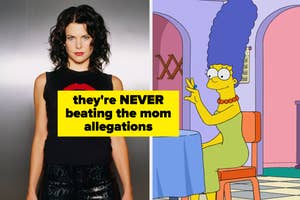 Marge Simpson seated at a table, emotionless, next to a text bubble: "They're NEVER beating the mom allegations" and a woman in a sleeveless top