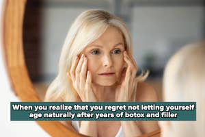 Woman looking at her reflection with text about aging regrets after cosmetic procedures