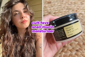 A reviewer poses next to an image of a snail mucin moisturizer