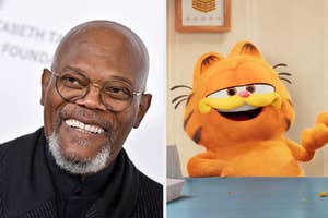 Samuel L. Jackson smiling in a black outfit, Garfield the animated cat character waving