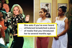 Elle Woods stands with a boombox, next to a scene of two women in conversation relating to shared media experiences