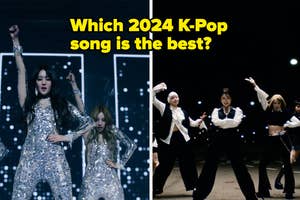 Two scenes of K-Pop singers dancing, question above asks for the best 2024 K-Pop song