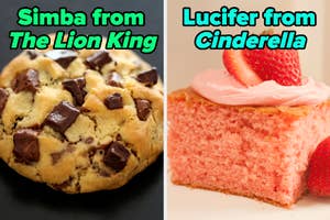 On the left, a chocolate chip cookie labeled Simba from The Lion King, and on the right, a strawberry cake labeled Lucifer from Cinderella