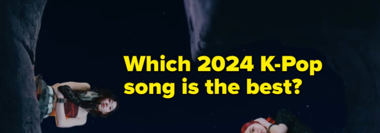 Four individuals lying in a circle with their heads near each other, against a night sky background, with a question about the best 2024 K-Pop song