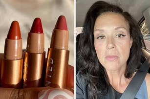 Three shades of lipstick on the left; woman with makeup on the right