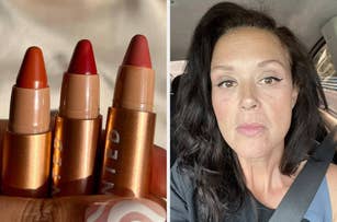 Three shades of lipstick on the left; woman with makeup on the right
