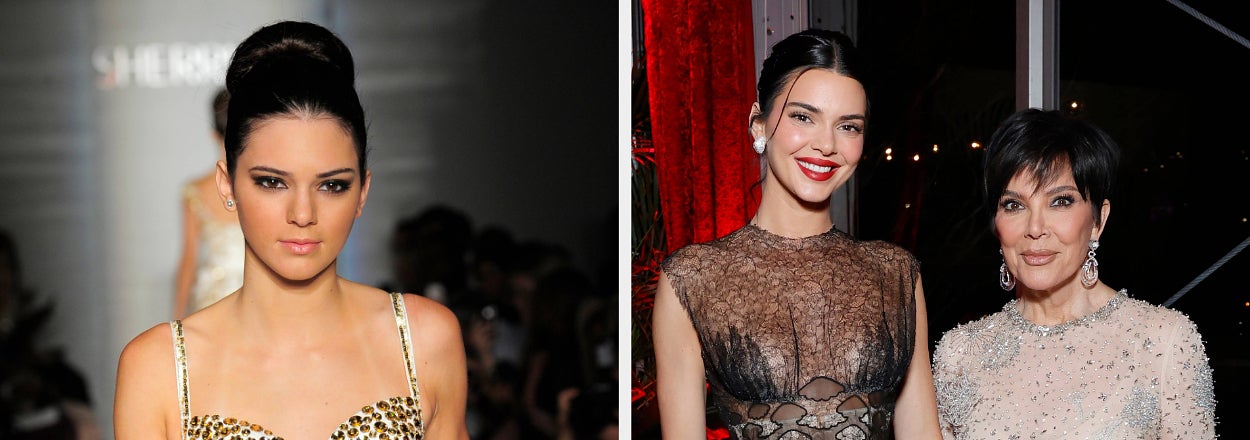 Kendall Jenner in a beaded gown; Kris Jenner and Kim Kardashian in detailed sheer dresses