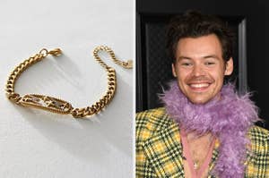 Left: A gold chain bracelet. Right: Person in a houndstooth jacket and purple feather boa