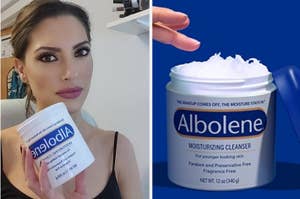 Woman holding Albolene Moisturizing Cleanser, ideal for skincare shopping