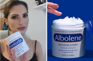 Woman holding Albolene Moisturizing Cleanser, ideal for skincare shopping