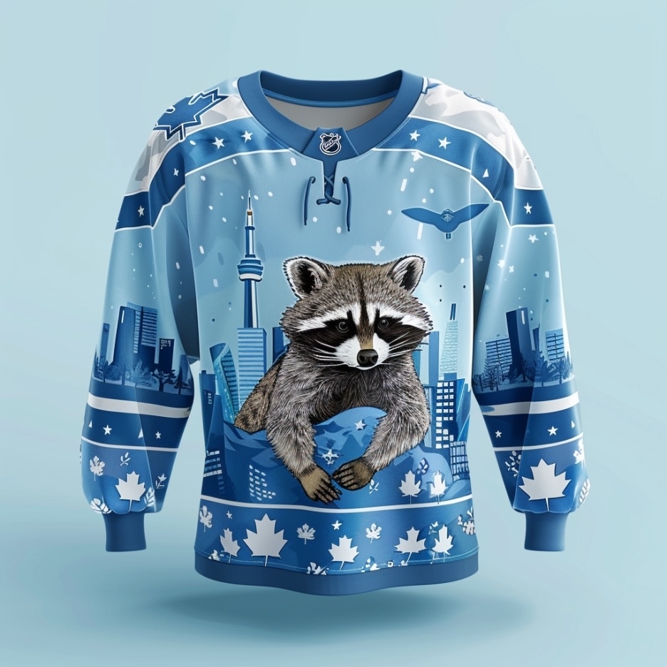 Hockey jersey with Toronto skyline, maple leaves, and a raccoon holding a hockey puck