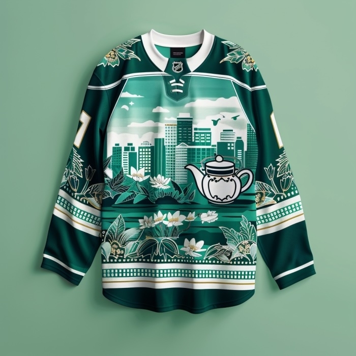 Hockey jersey with cityscape, teapot, and floral design