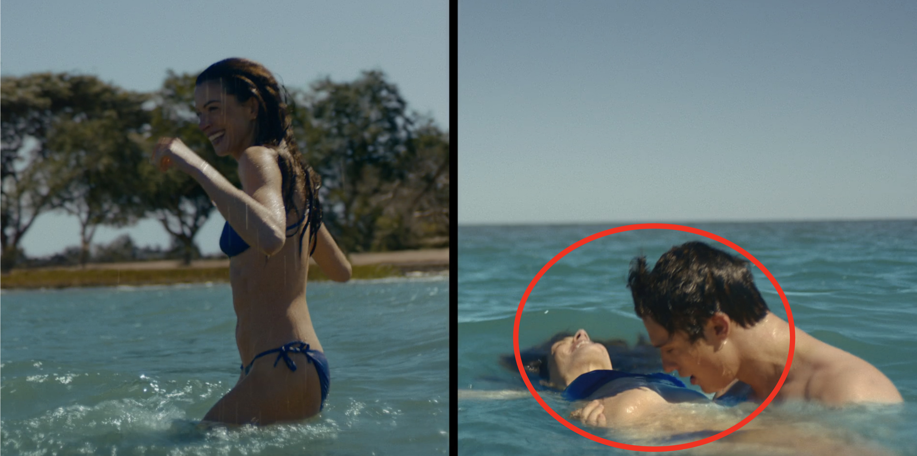 Two scenes from a TV show: first, a woman swims solo, smiling; second, a man and woman embrace in water