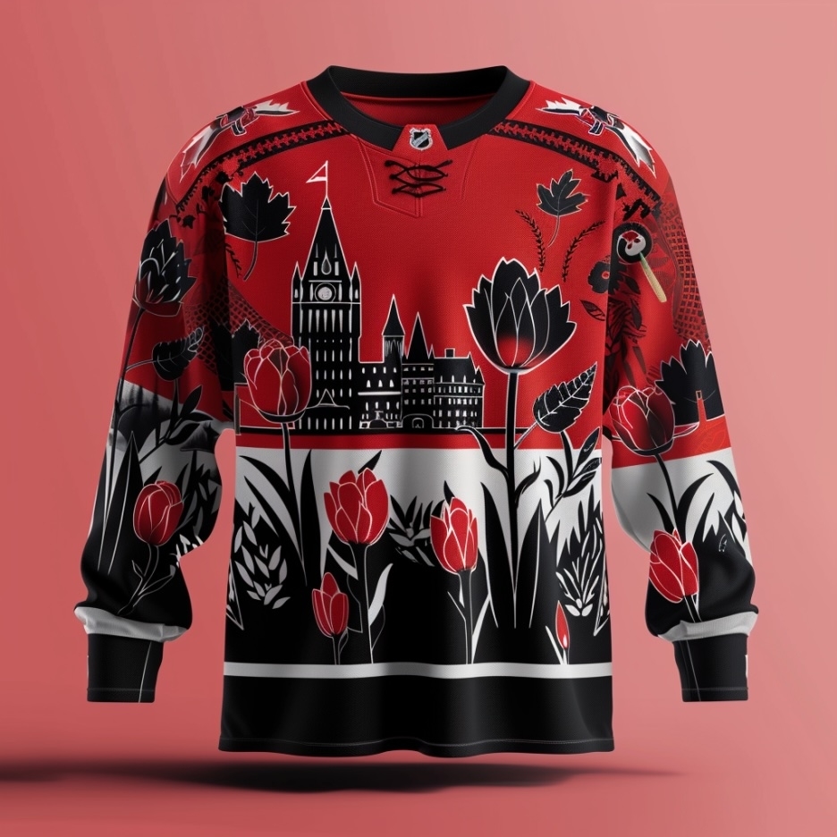 Hockey jersey featuring maple leaves, tulips, and a silhouette of Parliament Hill