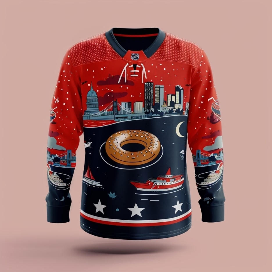 Festive-themed hockey jersey with city skyline, a doughnut, and stars