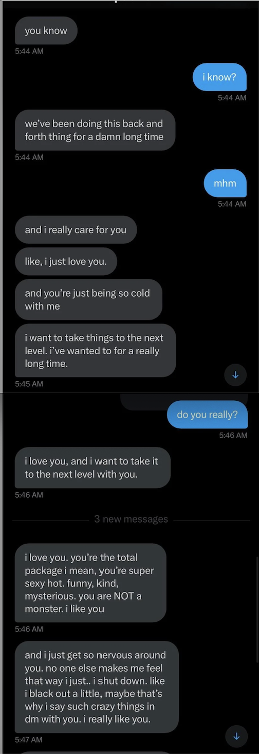 Text message exchange showing a conversation about feelings and relationship commitment