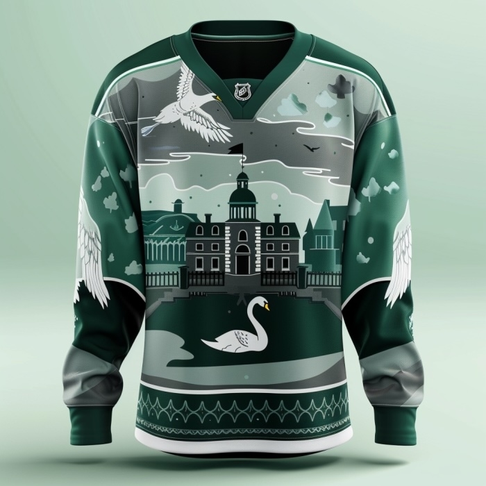 An illustrated hockey jersey with a swan and cityscape design