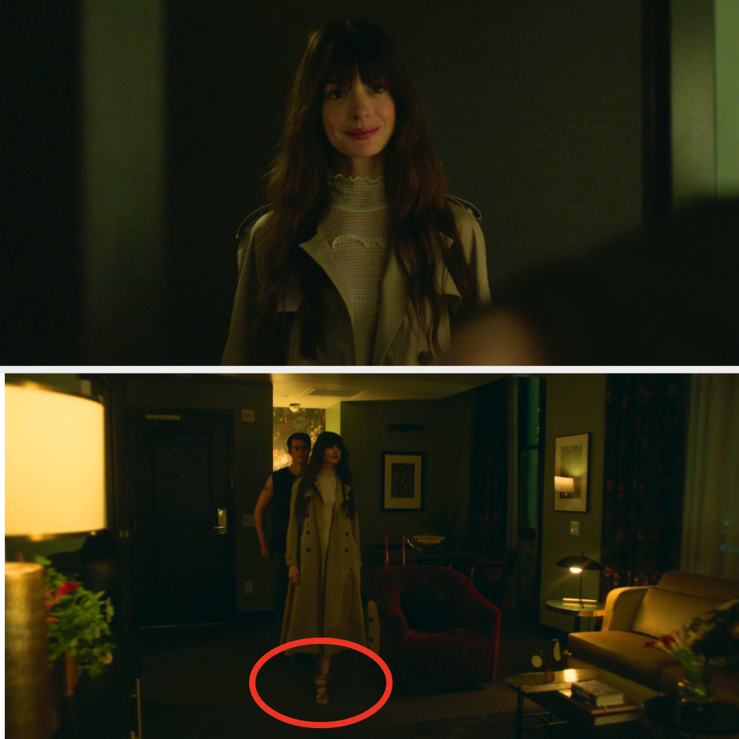 Two scenes from a TV show: Top - a woman smiling; Bottom - same woman and a man in a room with a circled object on the floor