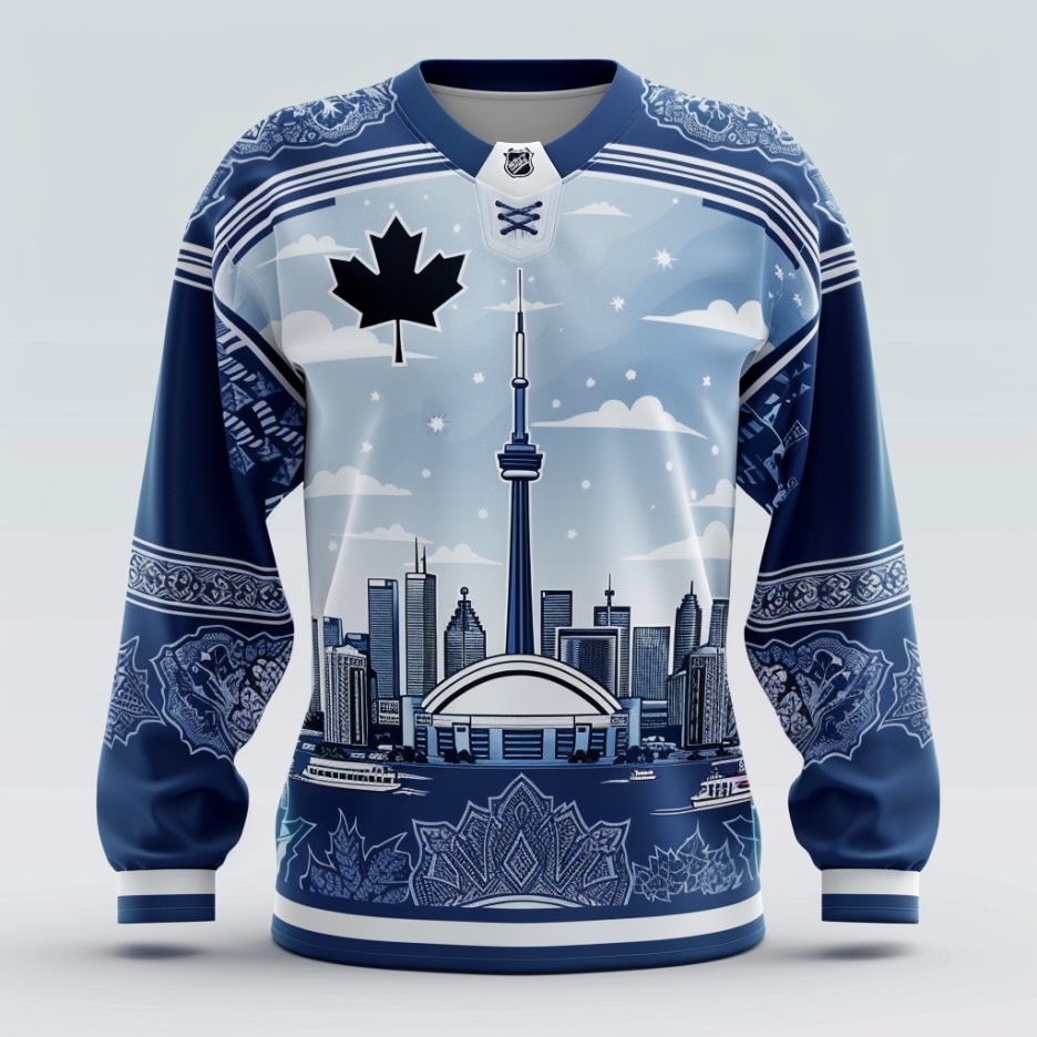 Hockey jersey with Toronto skyline, maple leaf emblem, and snowflake patterns