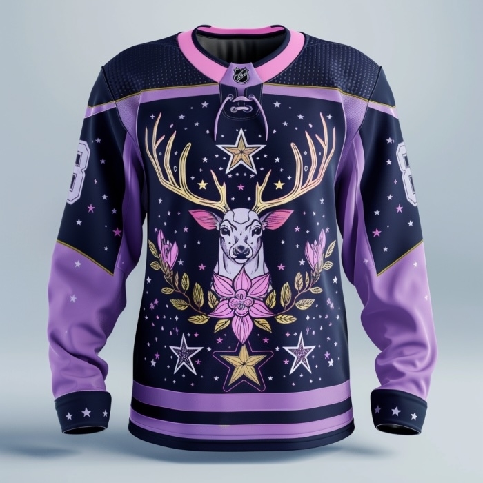 Sports jersey with intricate stag and floral graphic design