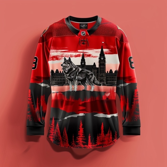 A hockey jersey featuring a wolf and Canadian-themed graphics, including a depiction of the Parliament buildings