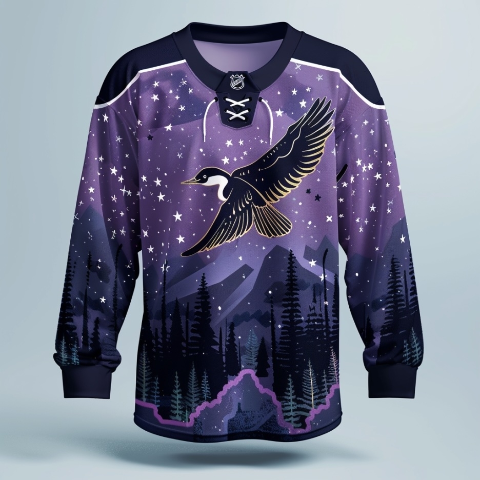 Hockey jersey with starry night and mountain design featuring a flying bird emblem