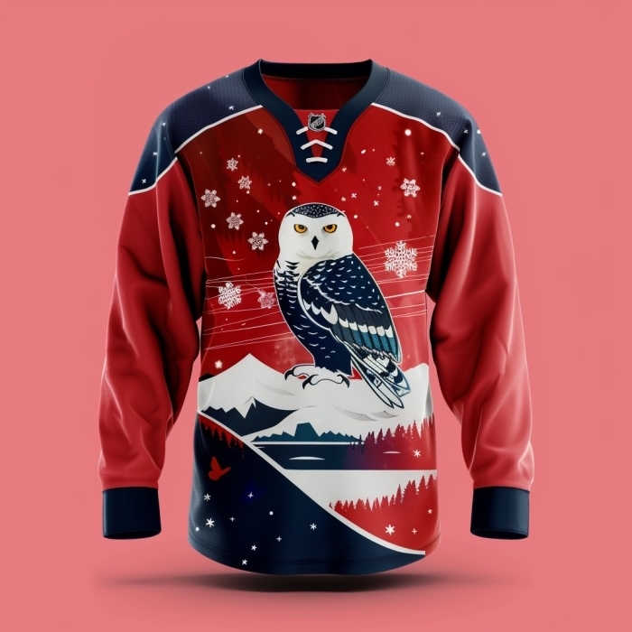 Hockey jersey featuring a snowy owl design with mountain and forest illustration