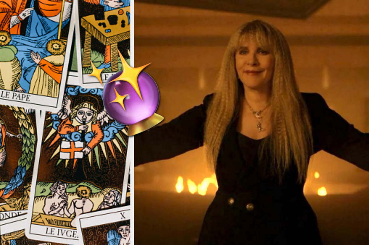 A split image with tarot cards on the left and Stevie Nicks in a black dress spreading her arms on the right, overlaid with a shooting star emoji
