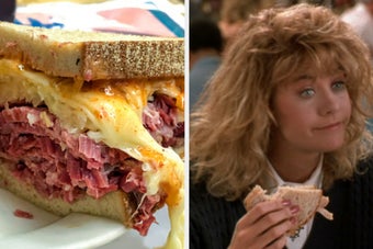 Left: A close-up of a Reuben sandwich. Right: A woman, the character Sally from "When Harry Met Sally," eating a sandwich
