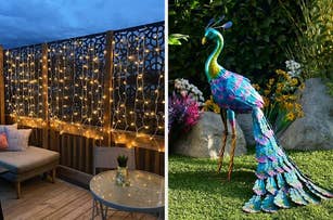 A decorative outdoor LED lighting display on a patio; A colorful peacock sculpture in a garden setting for shopping home decor