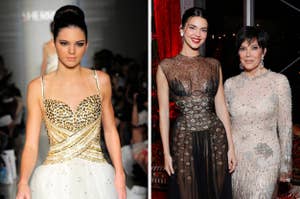 Kendall Jenner in a beaded gown; Kris Jenner and Kim Kardashian in detailed sheer dresses