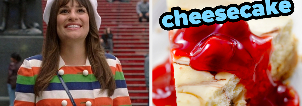 On the left, Rachel from Glee standing in Times Square, and on the right, a slice of cheesecake topped with cherries