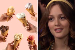 Multiple hands holding various flavors of ice cream cones; Blair Waldorf character from Gossip Girl smiling