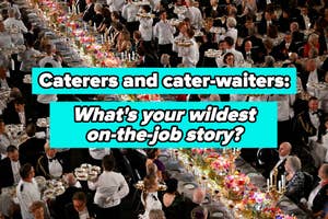 Overhead view of a bustling formal event with caterers serving guests, accompanied by a prompt asking for caterers' wild stories