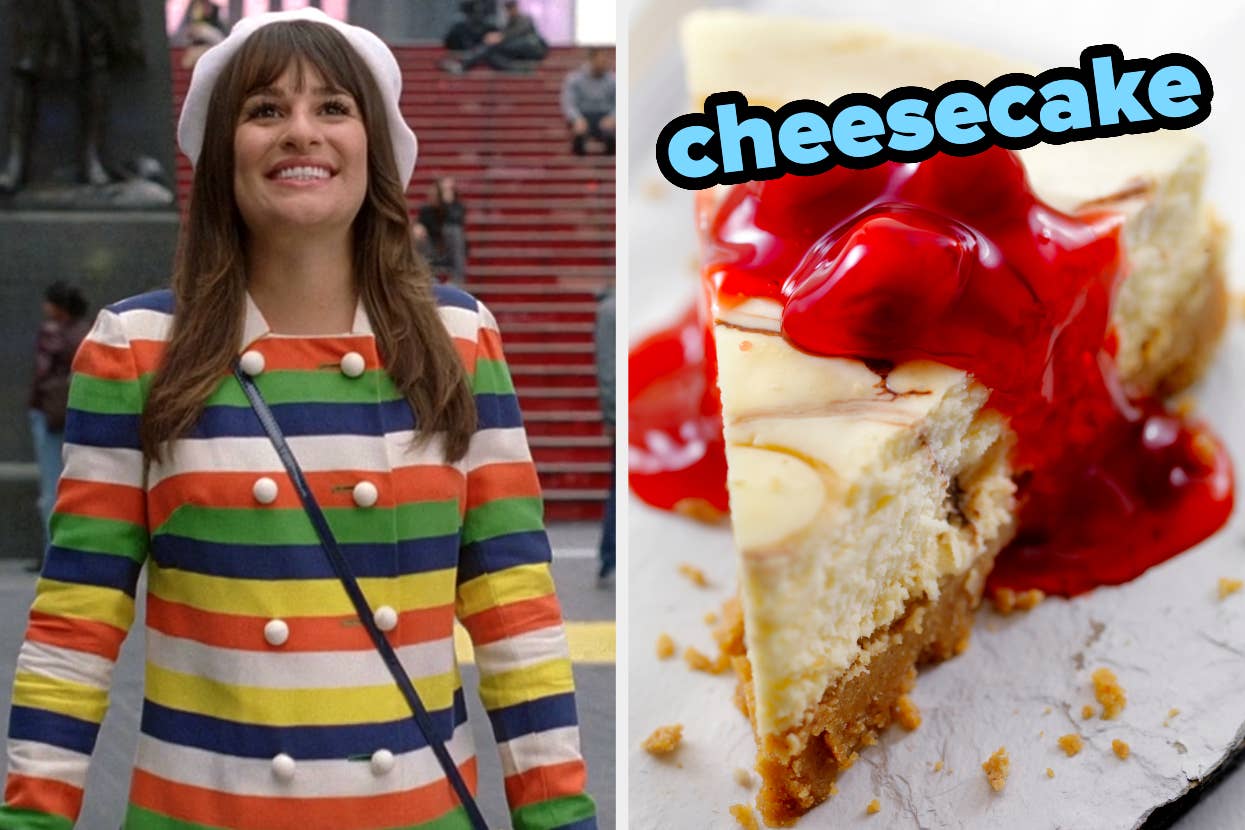 On the left, Rachel from Glee standing in Times Square, and on the right, a slice of cheesecake topped with cherries