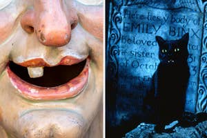 Close-up of a clown's painted face; gravestone with a black cat sitting atop