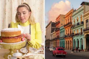 On the left, Florence Pugh looking at a Victoria sponge cake, and on the right, a colorful street in Cuba at sunset