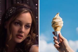 Blair Waldorf from Gossip Girl wears a headband; hand holding a soft serve ice cream against a clear sky