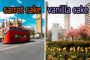 On the left, a double decker bus driving by Big Ben labeled carrot cake, and on the right, a park in Philadelphia labeled vanilla cak