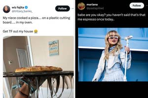 Two tweets: Left shows a burnt pizza with a joking caption, right displays a performer on stage in a layered outfit holding a mic